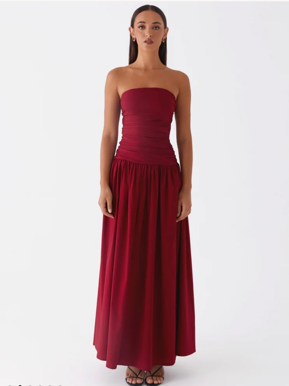 Peppermayo Carmel Strapless Ruched Maxi Dress in Merlot Red